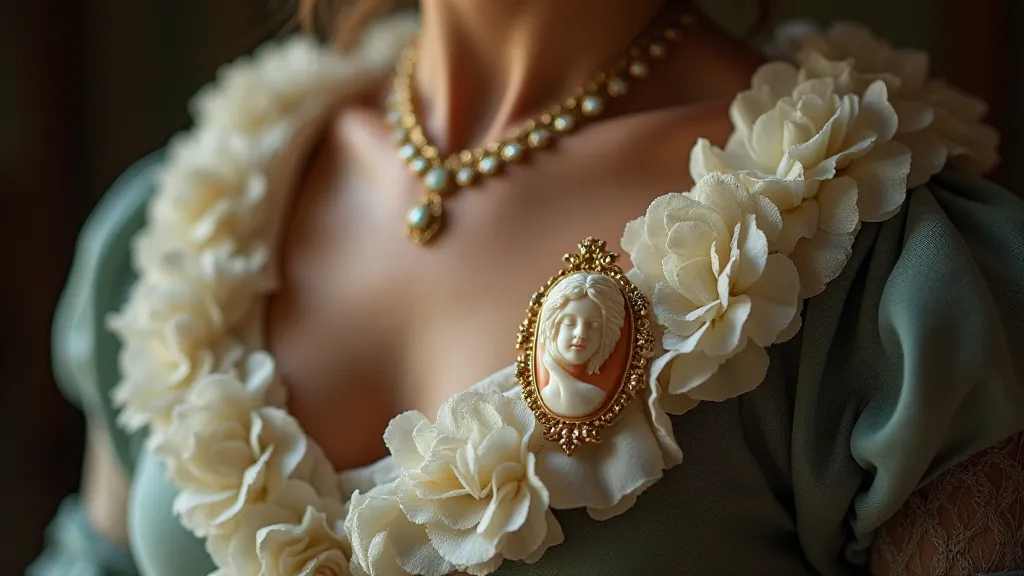 Victorian lady wearing shell cameo brooch