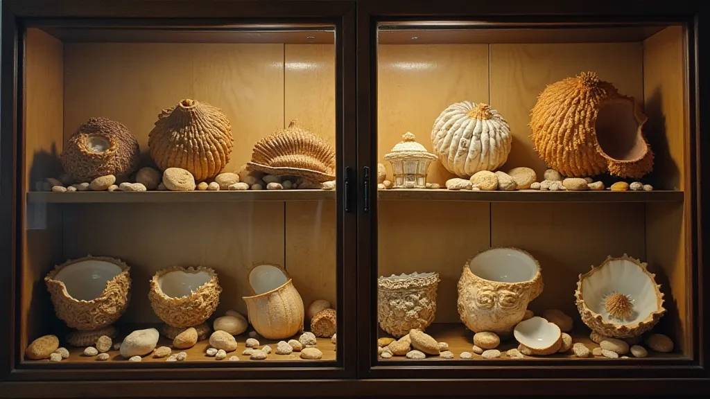 Display case with murex shells