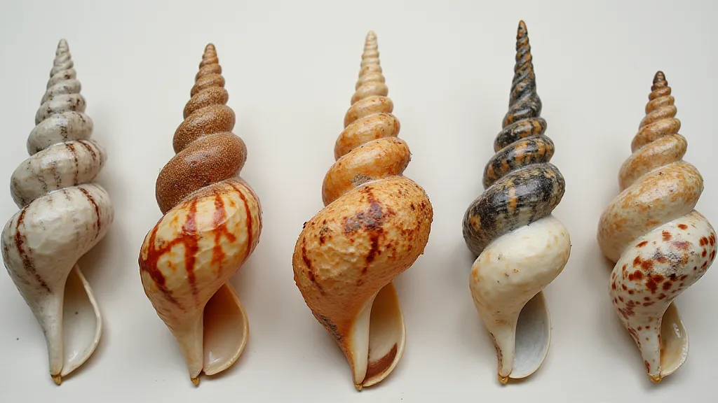 Different types of shells: Murex, Conus, and Triton