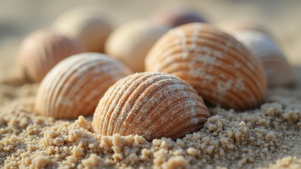 Group of vintage shells in sand.