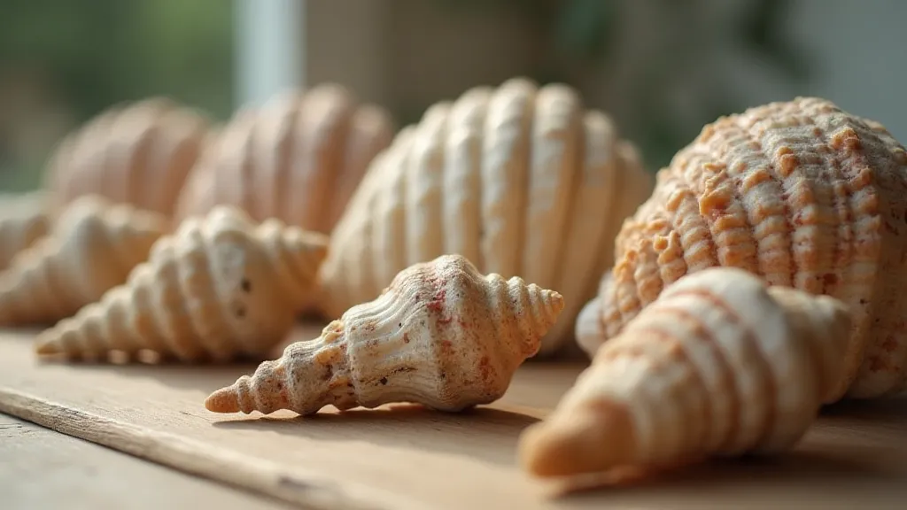 Vintage shells displayed on wood